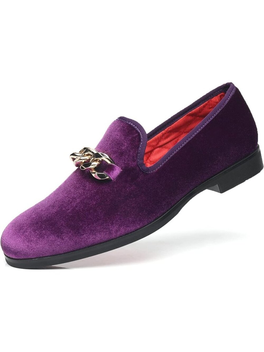 Men's Purple Plain Toe Imported Golden Copper Chain Pull On Modern Velvet Loafer